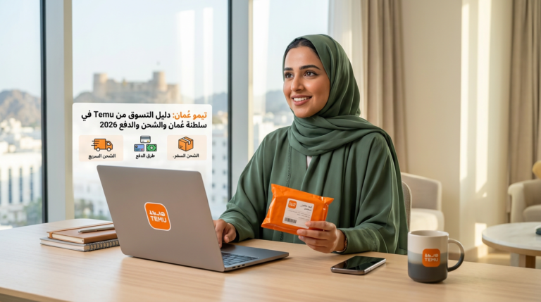 Woman holding a Temu package beside laptop; Arabic text reads دليل التسوق من Temu في سلطنة عُمان والشحن والدفع 2026, with labels الشحن السريع, طرق الدفع, and الشحن السريع.