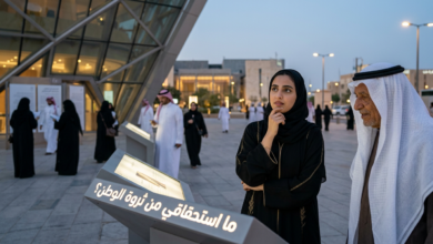 Woman and older man viewing an exhibit labeled "ما استحقاقي من ثروة الوطن"