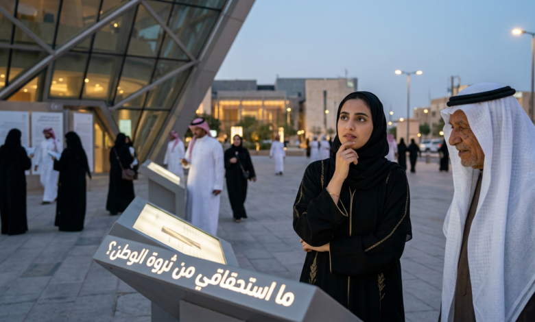 Woman and older man viewing an exhibit labeled "ما استحقاقي من ثروة الوطن"