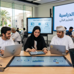 Students collaborating in a technology classroom beneath an Arabic higher education presentation