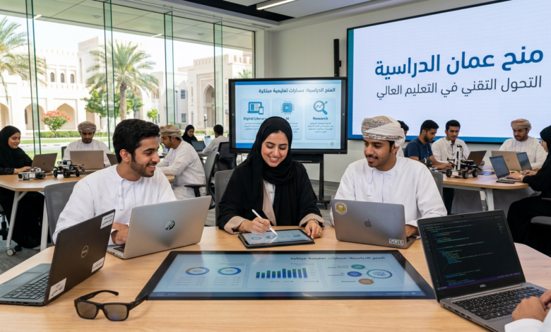 Students collaborating in a technology classroom beneath an Arabic higher education presentation