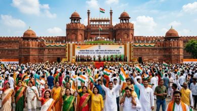 Crowd celebrating at Red Fort with Indian flags beneath a banner reading “स्वतंत्रता दिवस 2025 - विविधता में एकता और स्वतंत्रता का उत्सव” and “INDIA INDEPENDENCE DAY 2025 - CELEBRATING FREEDOM AND NATIONAL UNITY.”