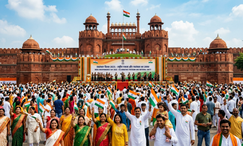 Crowd celebrating at Red Fort with Indian flags beneath a banner reading “स्वतंत्रता दिवस 2025 - विविधता में एकता और स्वतंत्रता का उत्सव” and “INDIA INDEPENDENCE DAY 2025 - CELEBRATING FREEDOM AND NATIONAL UNITY.”