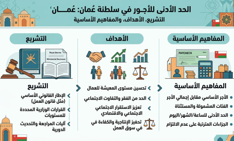 إنفوجرافيك عربي بعنوان «الحد الأدنى للأجور في سلطنة عُمان: التشريع، الأهداف، والمفاهيم الأساسية» ويعرض مفاهيم الأجر الأساسي والفئات المشمولة والحد الأدنى للساعة والشهر واليوم، وأهداف تحسين مستوى المعيشة والحد من الفقر وتعزيز الاستقرار، وتشريعات قانون العمل والقرارات الوزارية وآليات المراجعة.