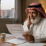 Older man in traditional clothing reading an official Arabic letter at a table