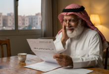 Older man in traditional clothing reading an official Arabic letter at a table