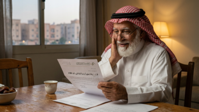 Older man in traditional clothing reading an official Arabic letter at a table