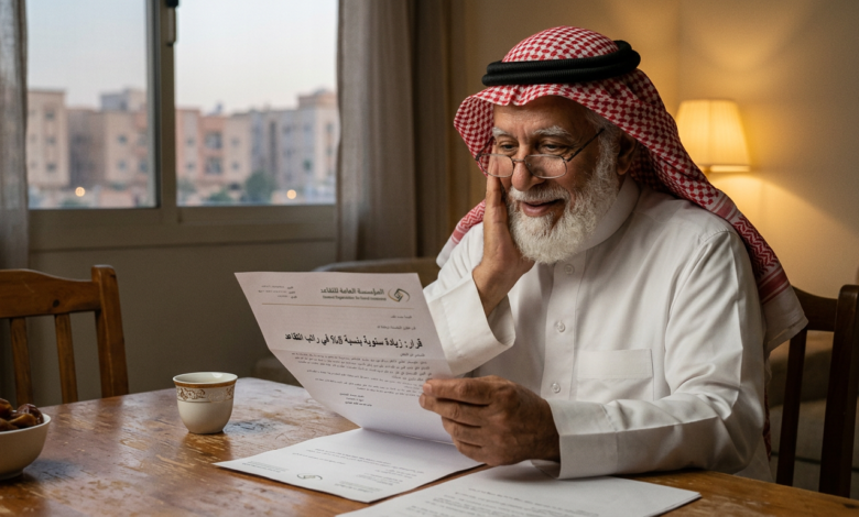 Older man in traditional clothing reading an official Arabic letter at a table